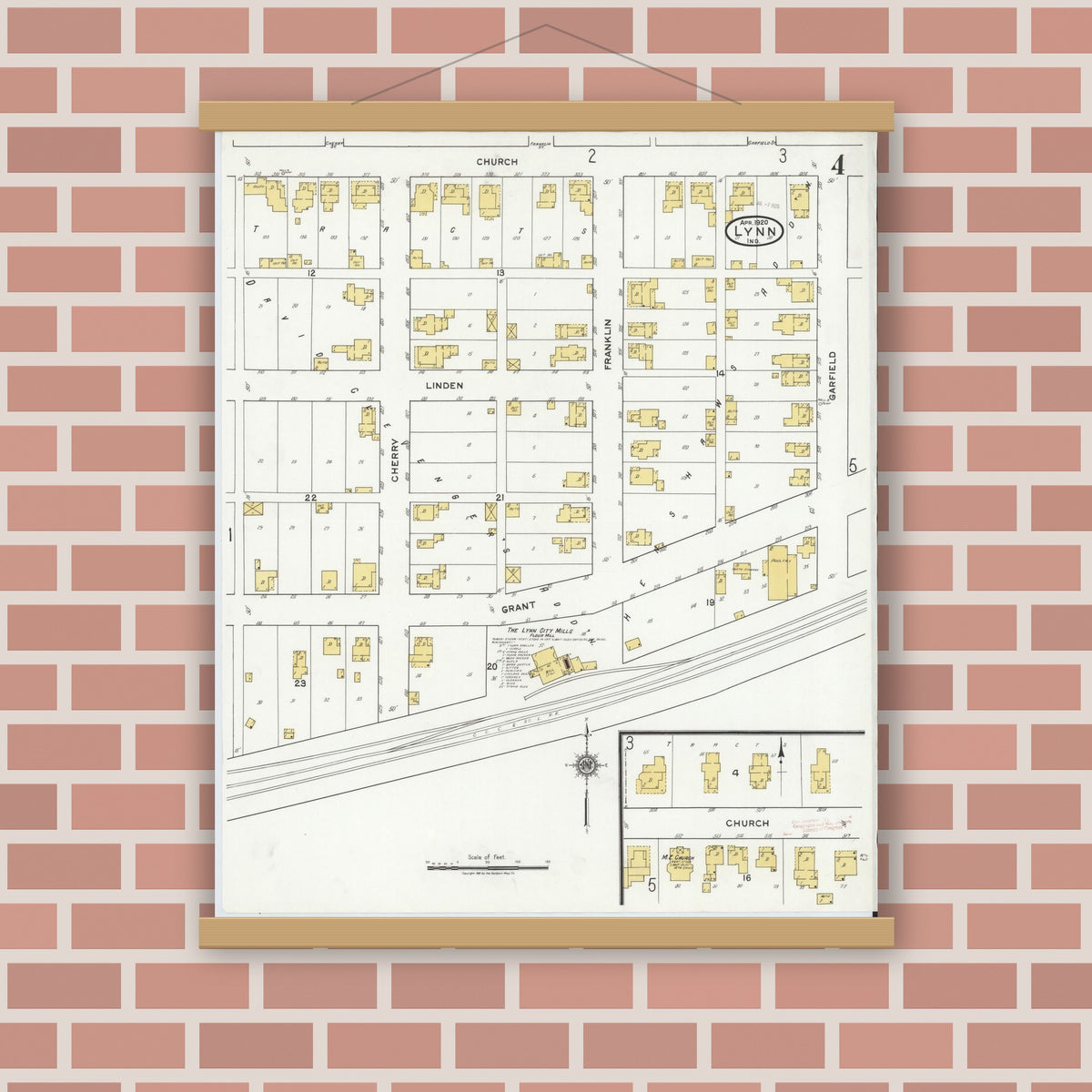 Old map wall art mockup — magnetic wood frame on brick wall — Sanborn Fire Insurance Map from Lynn, Randolph County, Indiana (1920), Sheet #0004