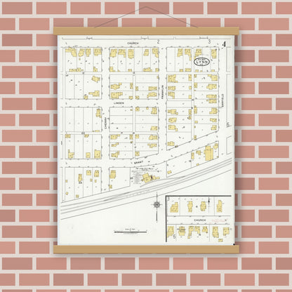 Old map wall art mockup — magnetic wood frame on brick wall — Sanborn Fire Insurance Map from Lynn, Randolph County, Indiana (1920), Sheet #0004