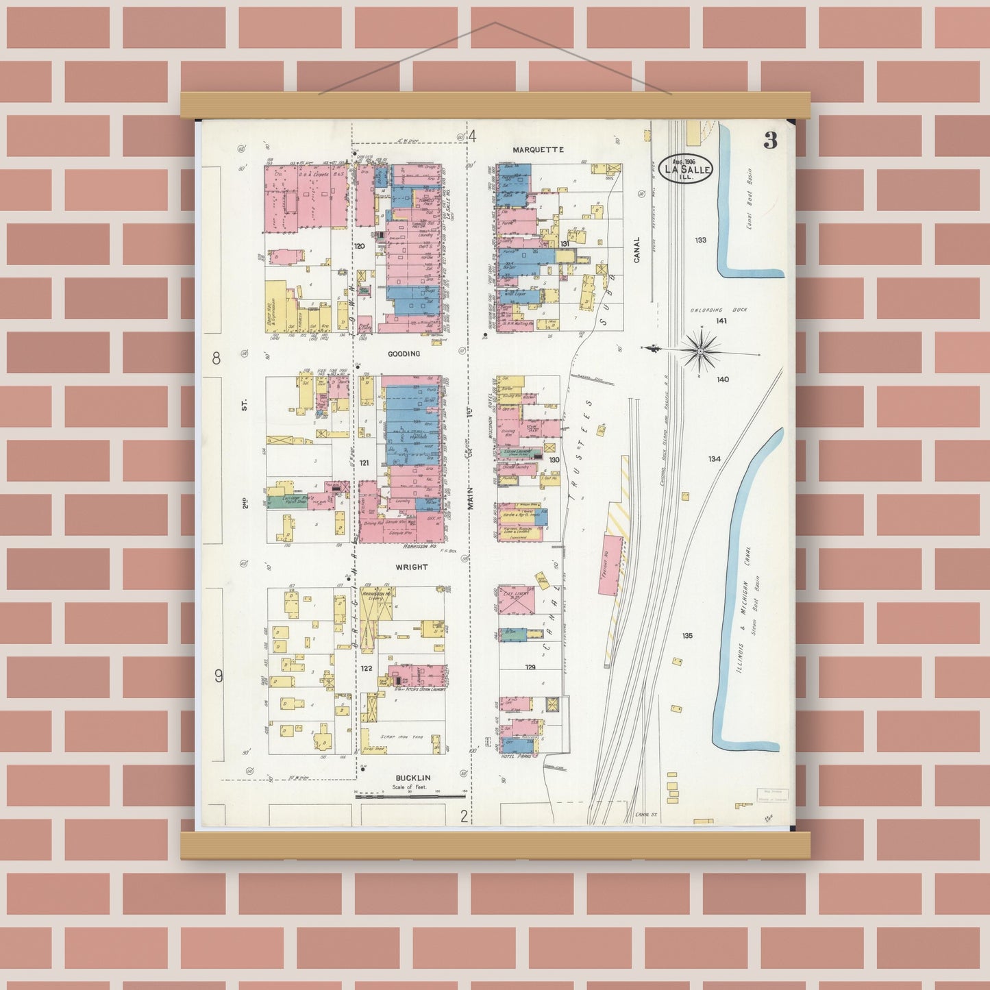 Old map wall art mockup — magnetic wood frame on brick wall — Sanborn Fire Insurance Map from La Salle, La Salle County, Illinois (1906), Sheet #0003