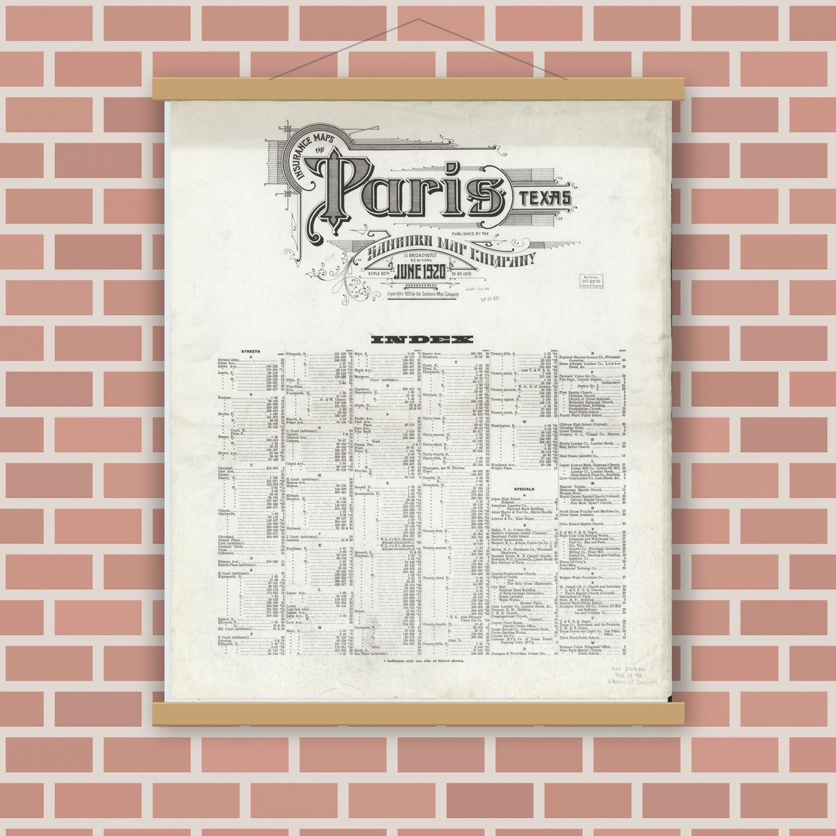 Old map wall art mockup — magnetic wood frame on brick wall — Sanborn Fire Insurance Map from Paris, Lamar County, Texas (1920), Sheet #0001