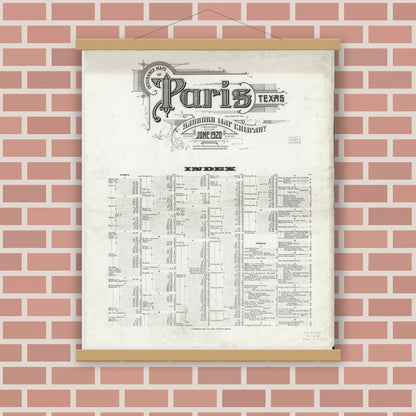Old map wall art mockup — magnetic wood frame on brick wall — Sanborn Fire Insurance Map from Paris, Lamar County, Texas (1920), Sheet #0001
