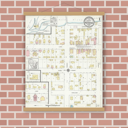 Old map wall art mockup — magnetic wood frame on brick wall — Sanborn Fire Insurance Map from Hustisford, Dodge County, Wisconsin (1914) - Complete Map Set