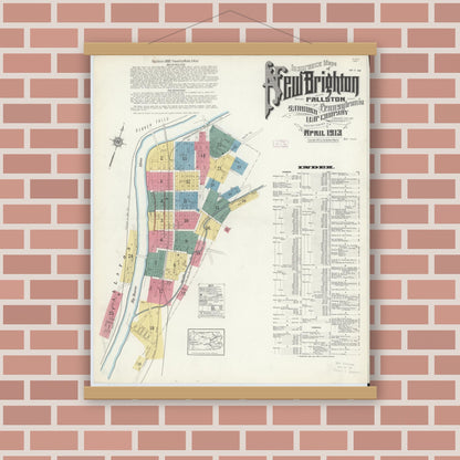 Old map wall art mockup — magnetic wood frame on brick wall — Sanborn Fire Insurance Map from New Brighton, Beaver County, Pennsylvania (1913) - Complete Map Set