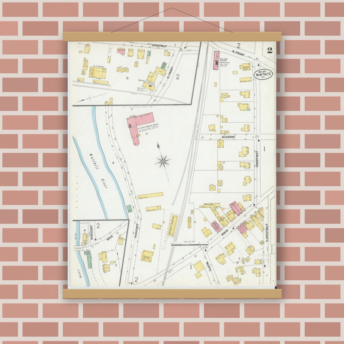 Old map wall art mockup — magnetic wood frame on brick wall — Sanborn Fire Insurance Map from New Paltz, Ulster County, New York (1900), Sheet #0002