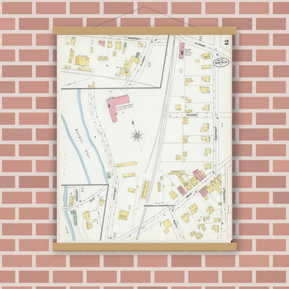 Old map wall art mockup — magnetic wood frame on brick wall — Sanborn Fire Insurance Map from New Paltz, Ulster County, New York (1900), Sheet #0002