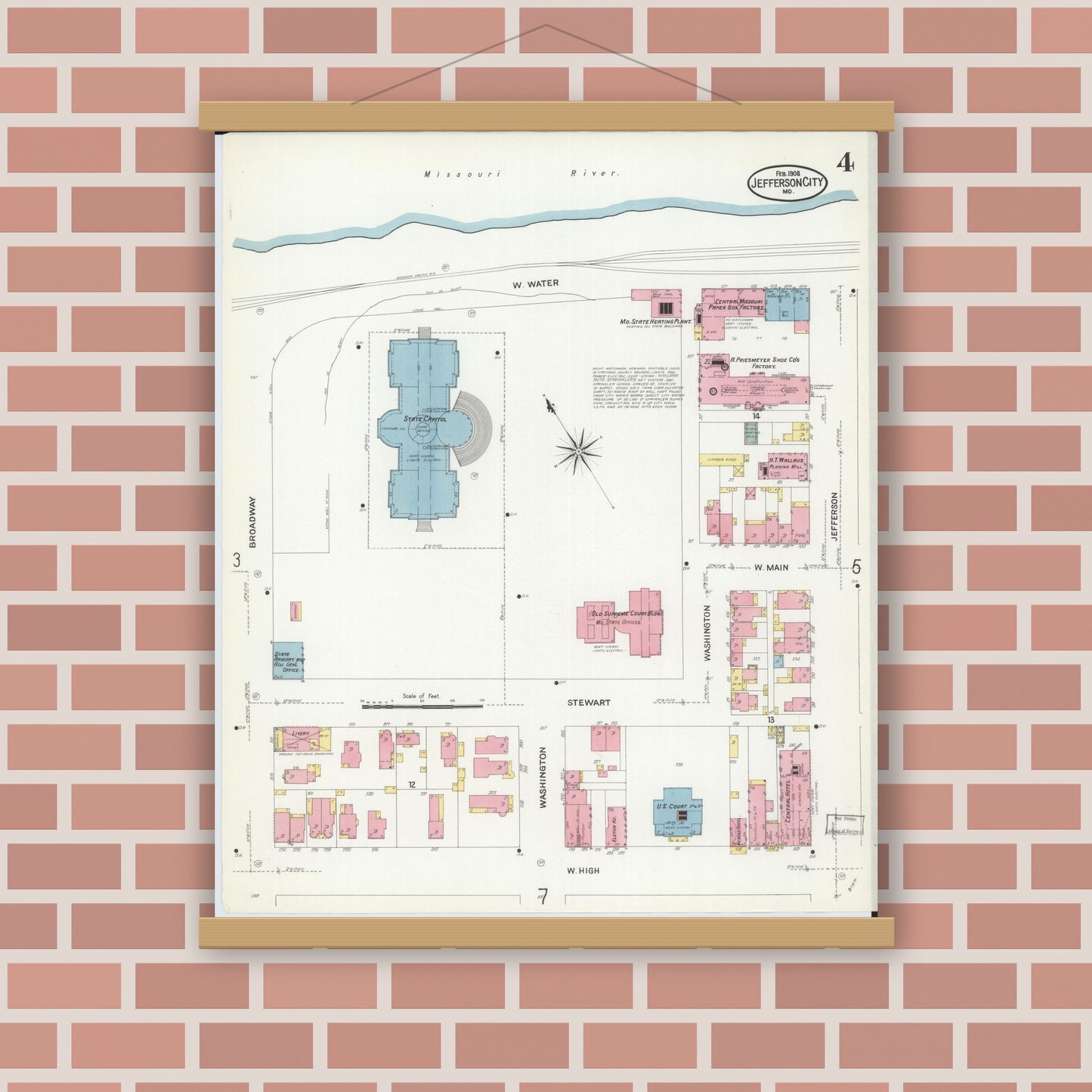 Old map wall art mockup — magnetic wood frame on brick wall — Sanborn Fire Insurance Map from Jefferson City, Cole County, Missouri (1908), Sheet #0004