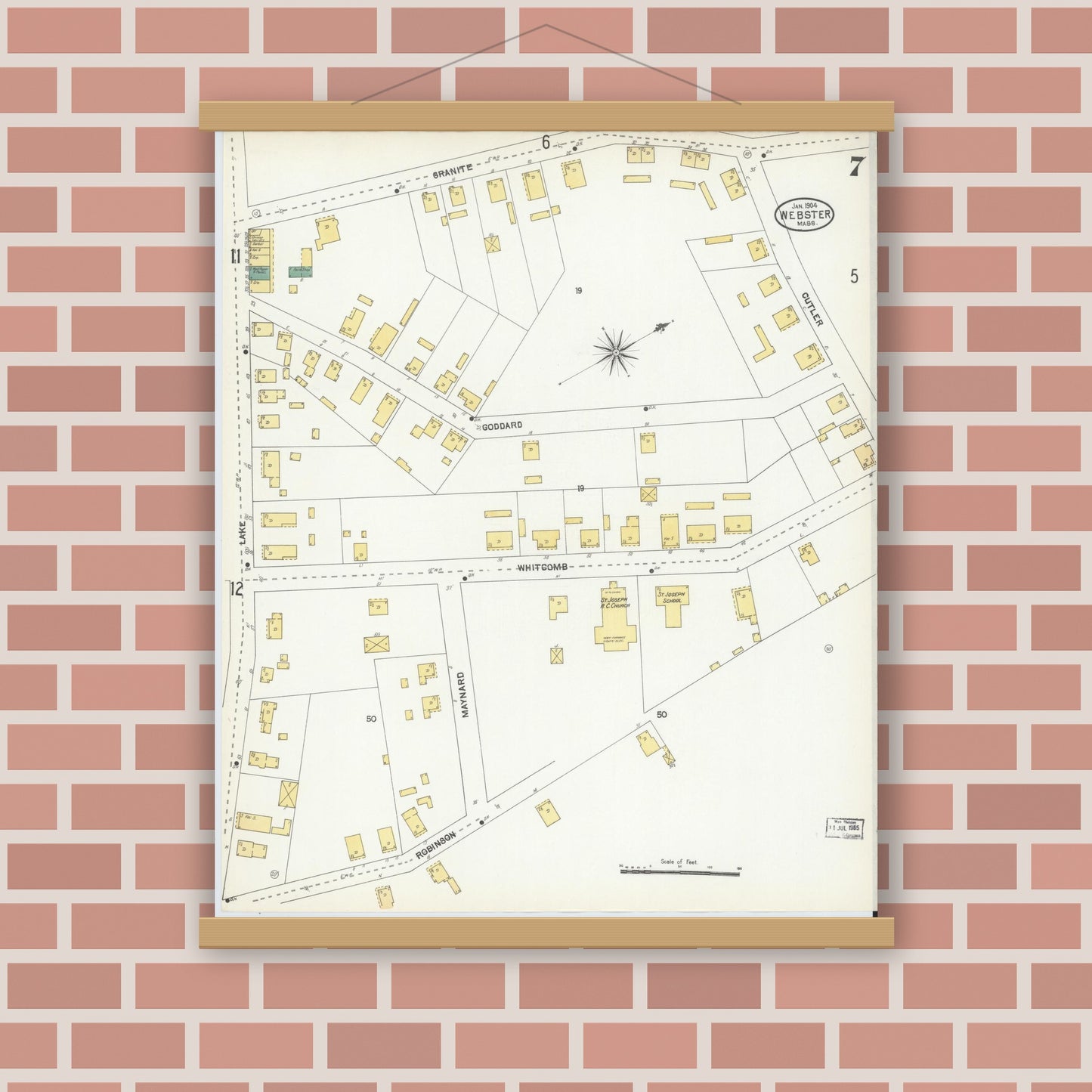 Old map wall art mockup — magnetic wood frame on brick wall — Sanborn Fire Insurance Map from Webster, Worcester County, Massachusetts (1904), Sheet #0007
