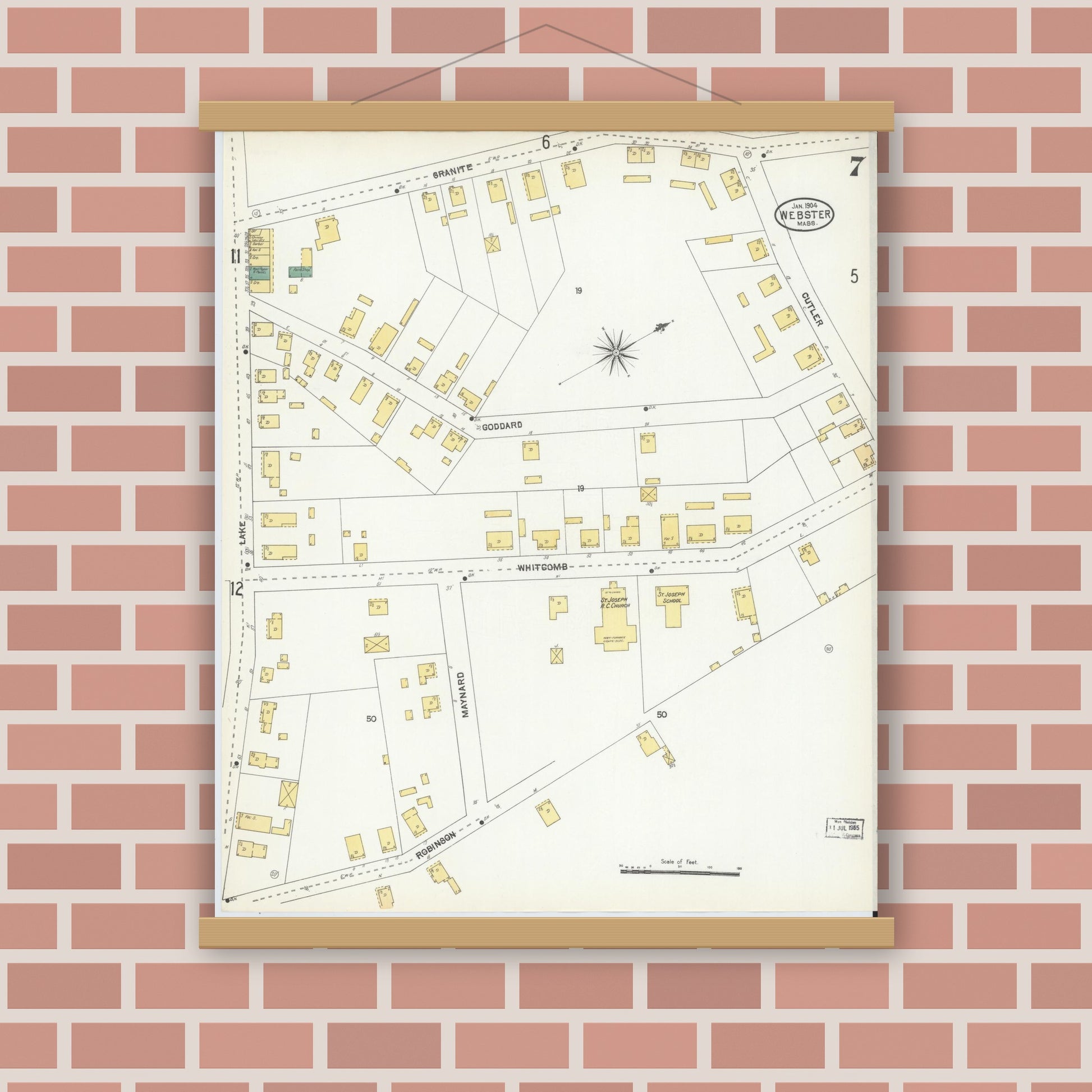 Old map wall art mockup — magnetic wood frame on brick wall — Sanborn Fire Insurance Map from Webster, Worcester County, Massachusetts (1904), Sheet #0007