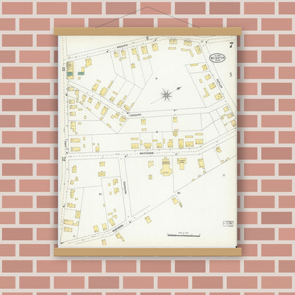 Old map wall art mockup — magnetic wood frame on brick wall — Sanborn Fire Insurance Map from Webster, Worcester County, Massachusetts (1904), Sheet #0007