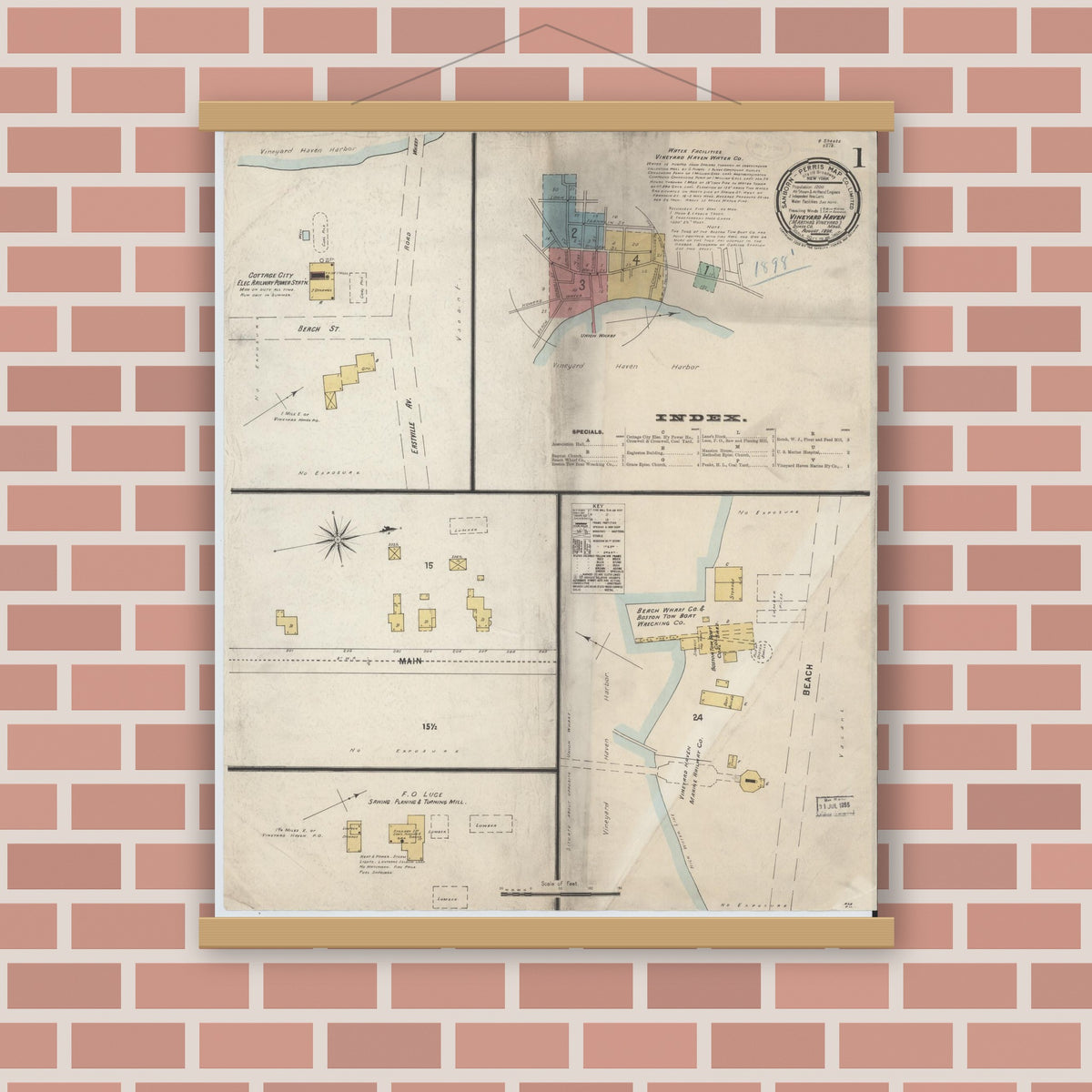 Old map wall art mockup — magnetic wood frame on brick wall — Sanborn Fire Insurance Map from Vineyard Haven, Dukes County, Massachusetts (1898), Sheet #0001