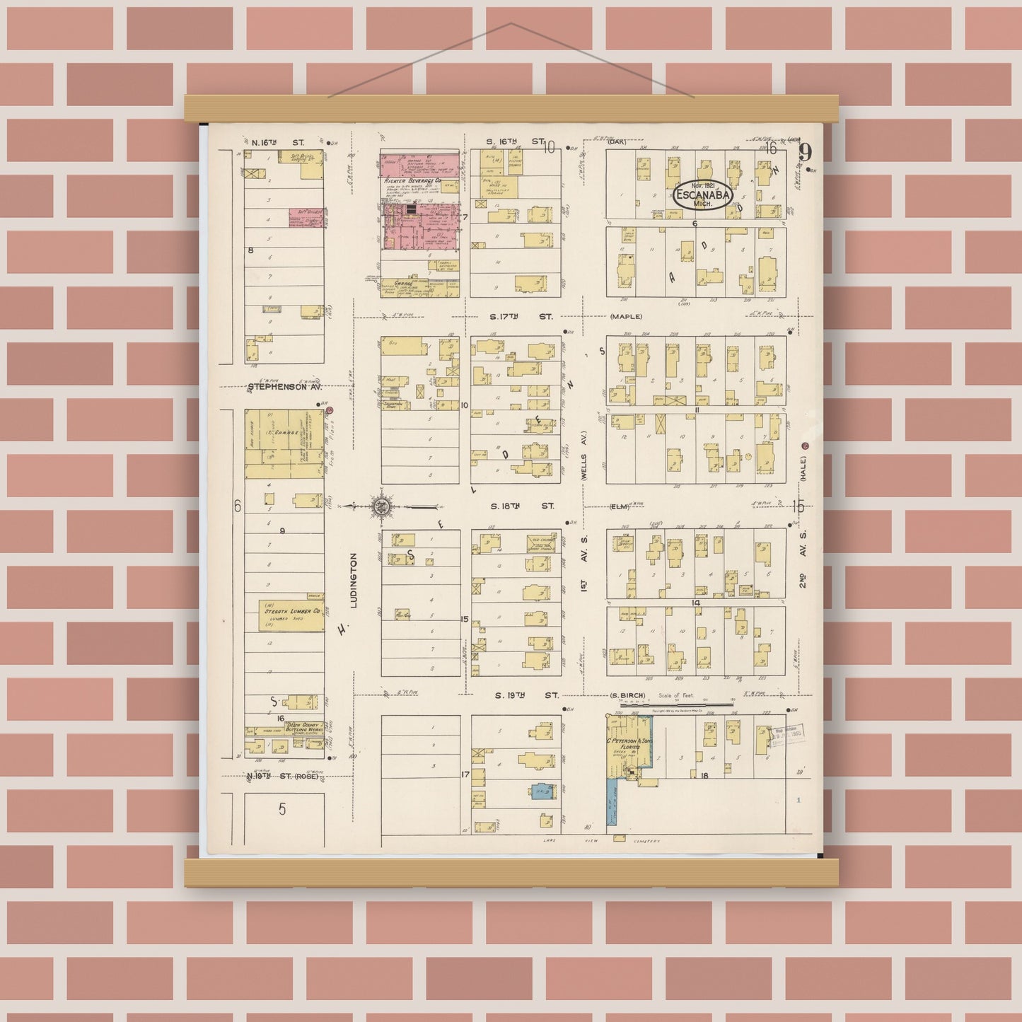 Old map wall art mockup — magnetic wood frame on brick wall — Sanborn Fire Insurance Map from Escanaba, Delta County, Michigan (1921), Sheet #0009