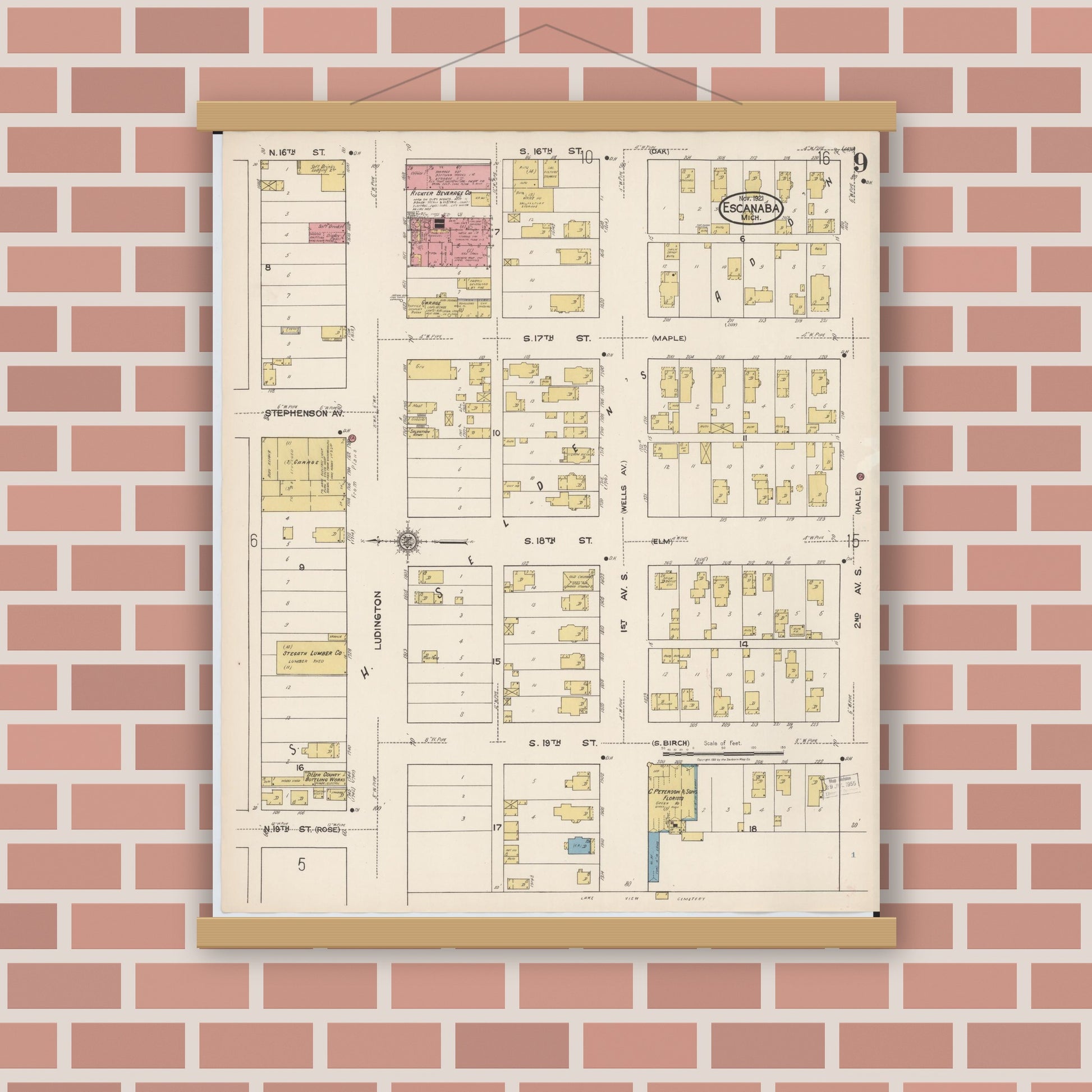 Old map wall art mockup — magnetic wood frame on brick wall — Sanborn Fire Insurance Map from Escanaba, Delta County, Michigan (1921), Sheet #0009