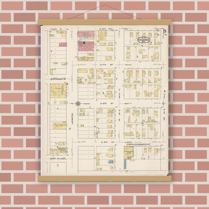 Old map wall art mockup — magnetic wood frame on brick wall — Sanborn Fire Insurance Map from Escanaba, Delta County, Michigan (1921), Sheet #0009
