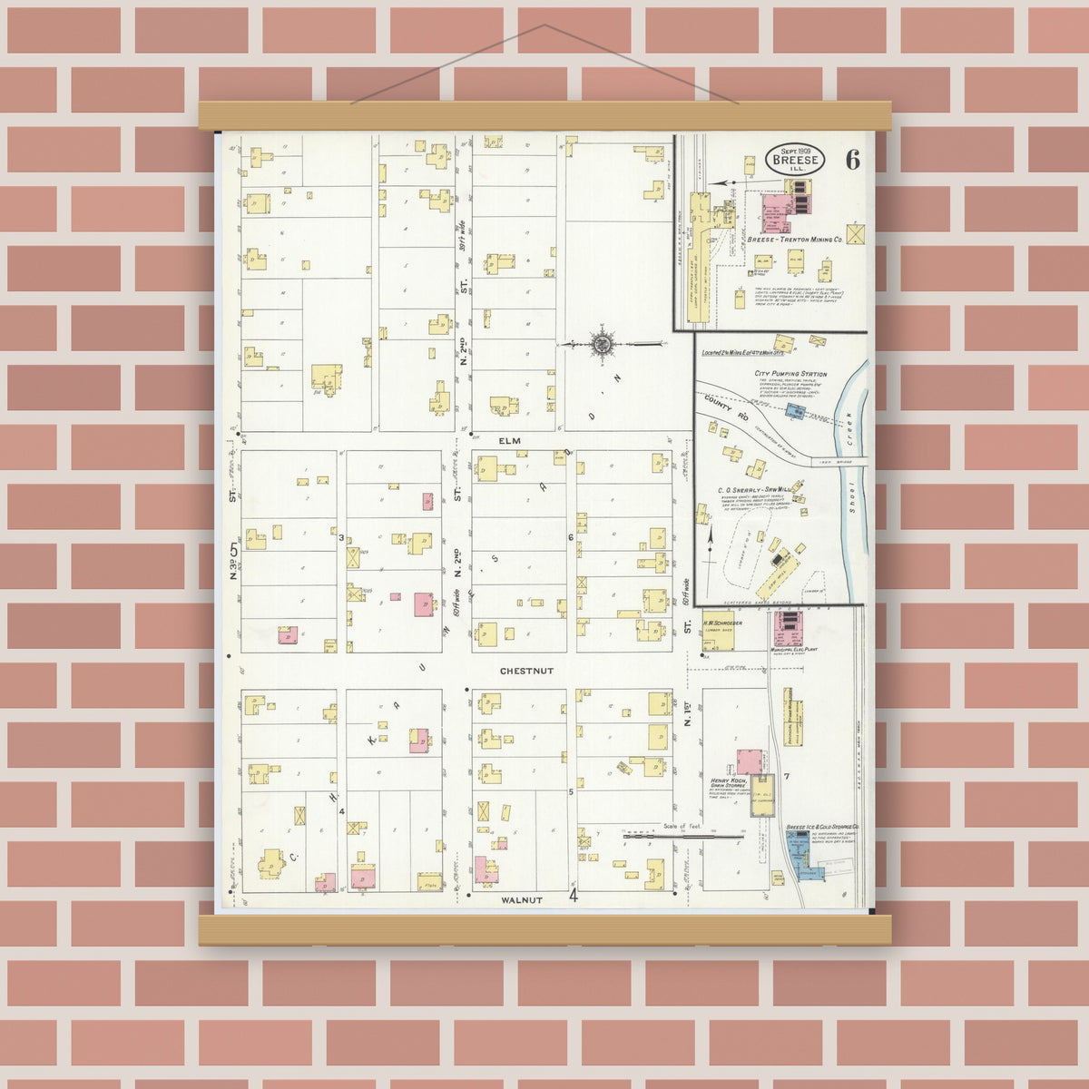 Old map wall art mockup — magnetic wood frame on brick wall — Sanborn Fire Insurance Map from Breese, Clinton County, Illinois (1909), Sheet #0006