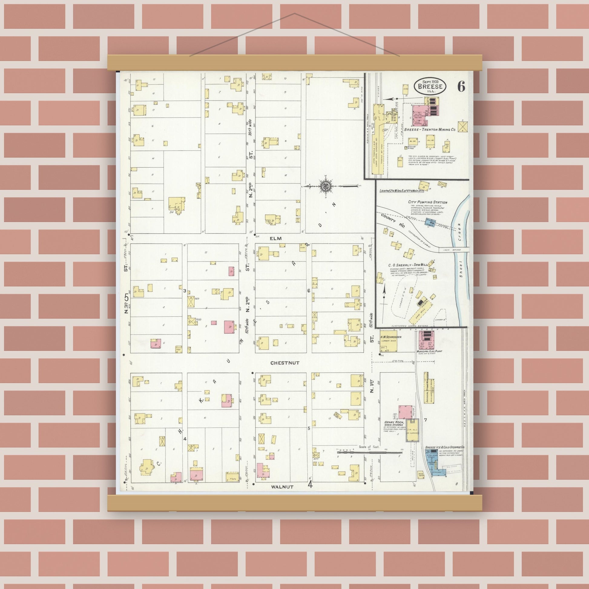 Old map wall art mockup — magnetic wood frame on brick wall — Sanborn Fire Insurance Map from Breese, Clinton County, Illinois (1909), Sheet #0006