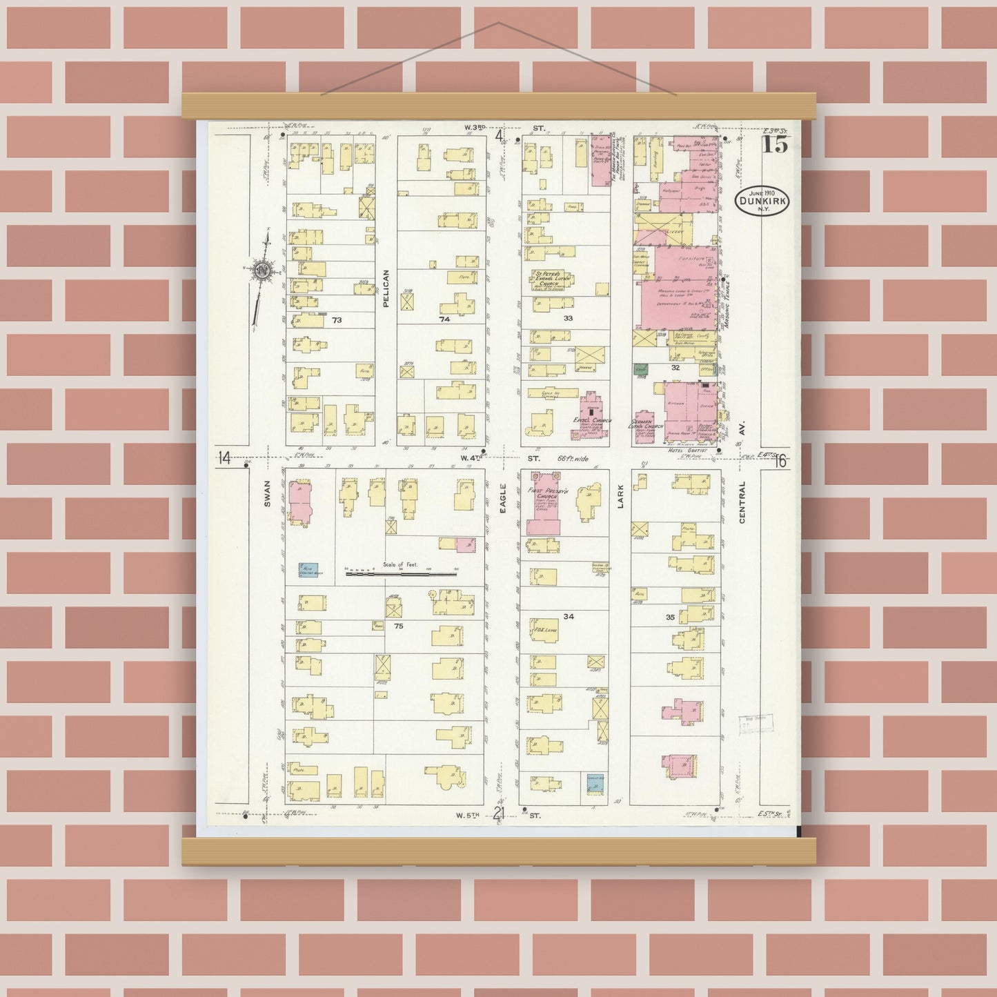 Old map wall art mockup — magnetic wood frame on brick wall — Sanborn Fire Insurance Map from Dunkirk, Chautauqua County, New York (1910), Sheet #0015