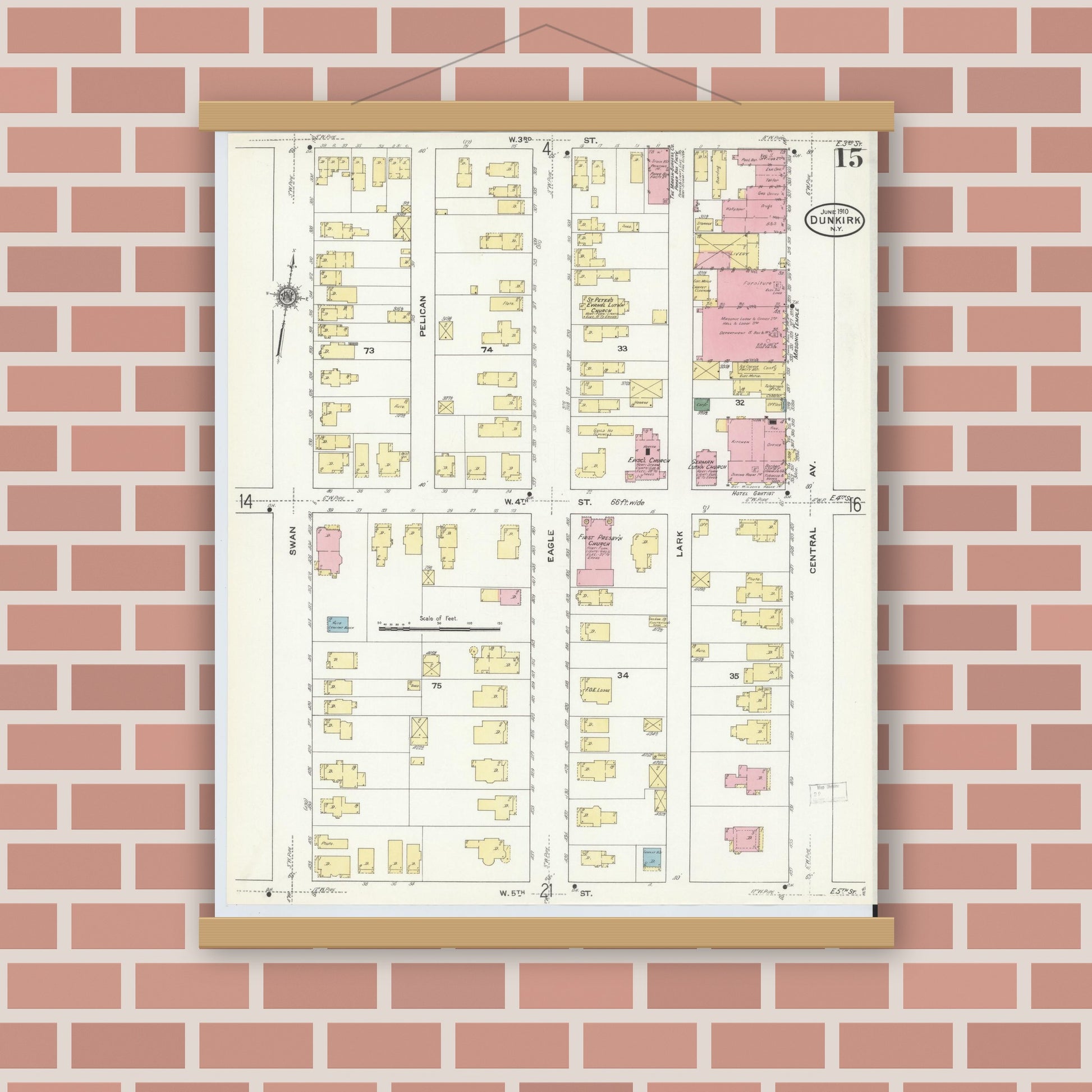 Old map wall art mockup — magnetic wood frame on brick wall — Sanborn Fire Insurance Map from Dunkirk, Chautauqua County, New York (1910), Sheet #0015