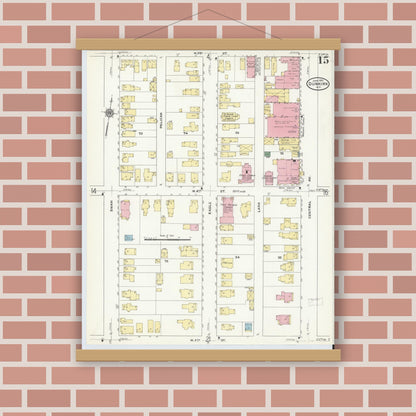Old map wall art mockup — magnetic wood frame on brick wall — Sanborn Fire Insurance Map from Dunkirk, Chautauqua County, New York (1910), Sheet #0015