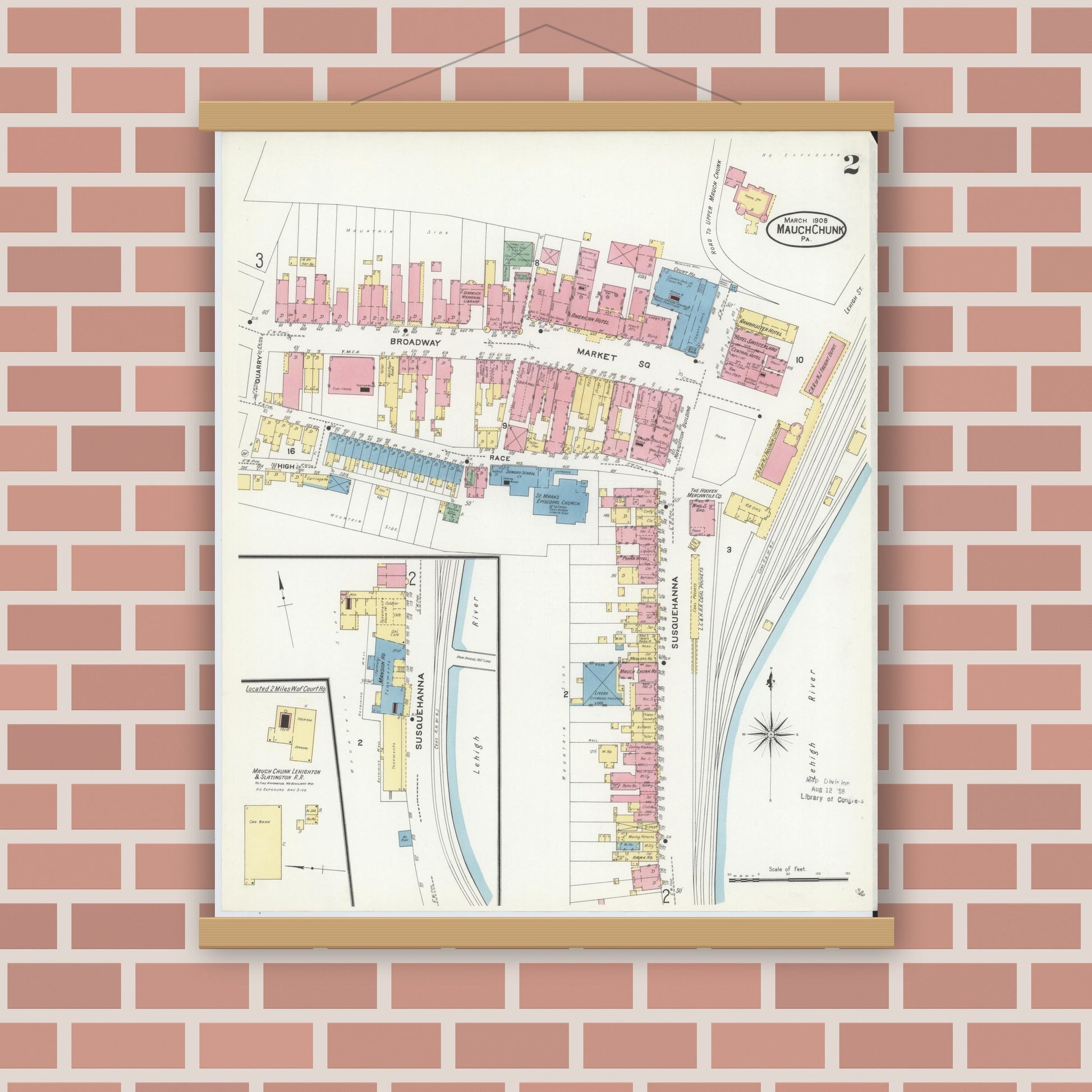 Old map wall art mockup — magnetic wood frame on brick wall — Sanborn Fire Insurance Map from Mauch Chunk, Carbon County, Pennsylvania (1908), Sheet #0002