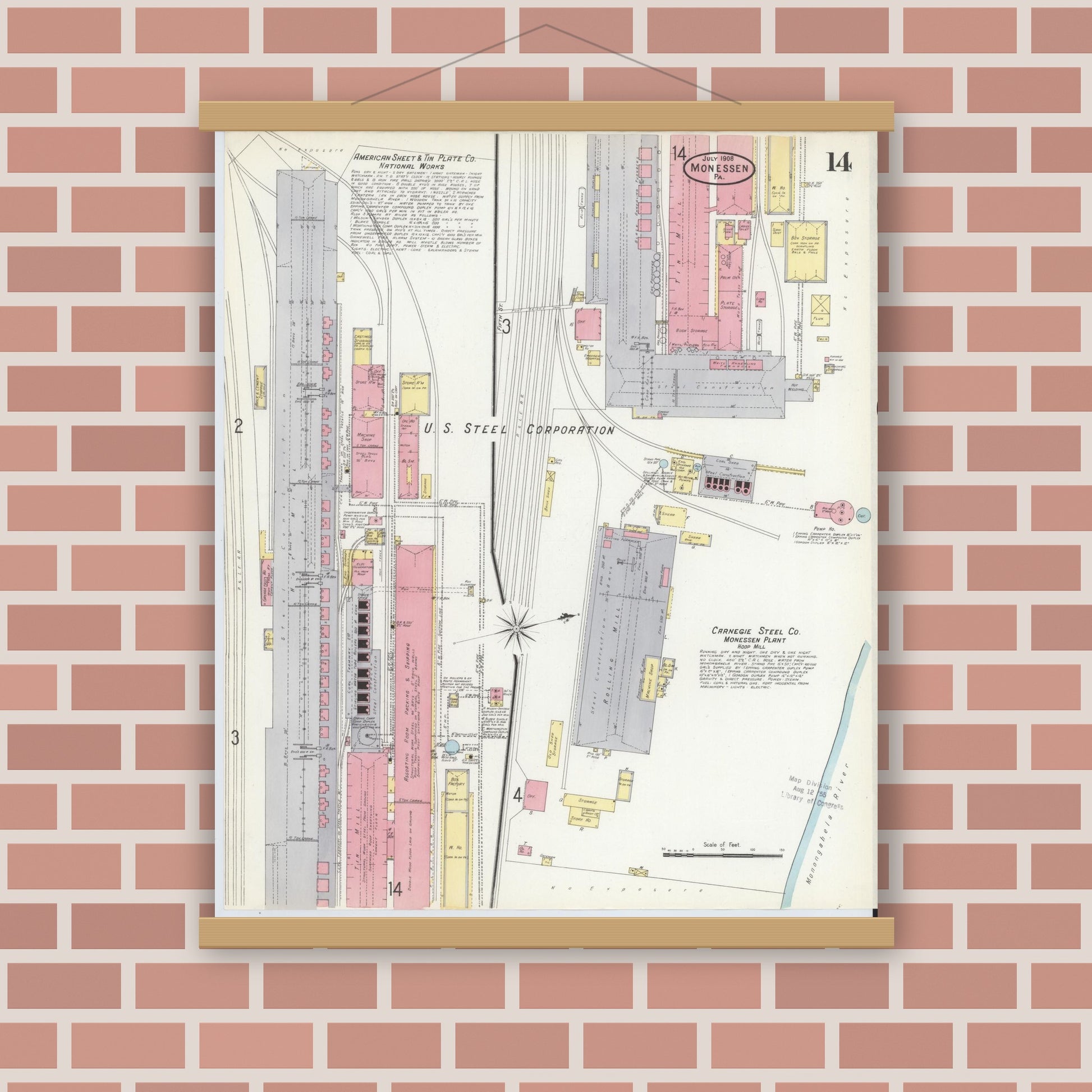 Old map wall art mockup — magnetic wood frame on brick wall — Sanborn Fire Insurance Map from Monessen, Westmoreland County, Pennsylvania (1908), Sheet #0014