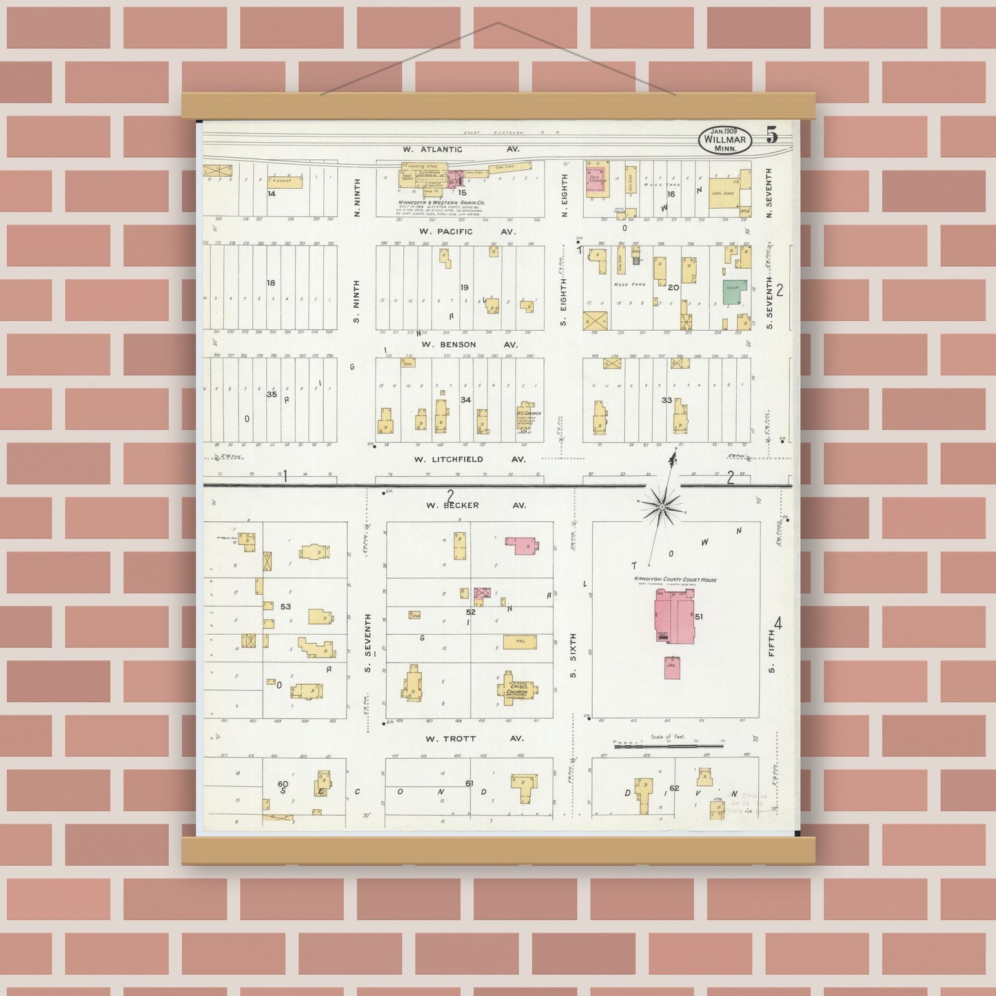 Old map wall art mockup — magnetic wood frame on brick wall — Sanborn Fire Insurance Map from Willmar, Kandiyohi County, Minnesota (1909), Sheet #0005