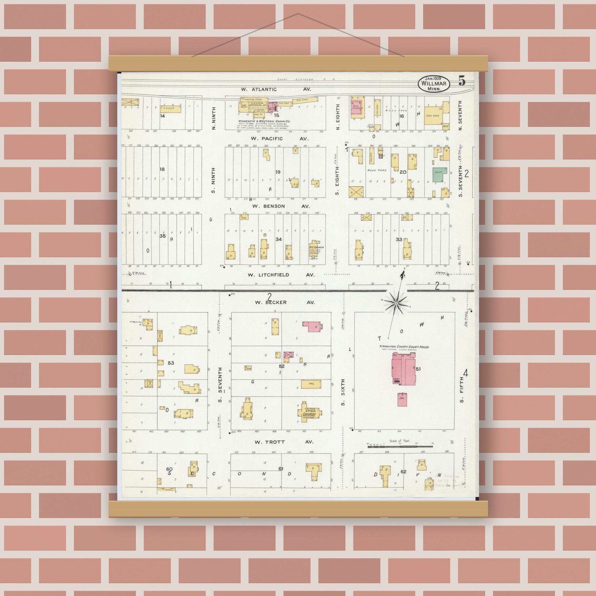 Old map wall art mockup — magnetic wood frame on brick wall — Sanborn Fire Insurance Map from Willmar, Kandiyohi County, Minnesota (1909), Sheet #0005