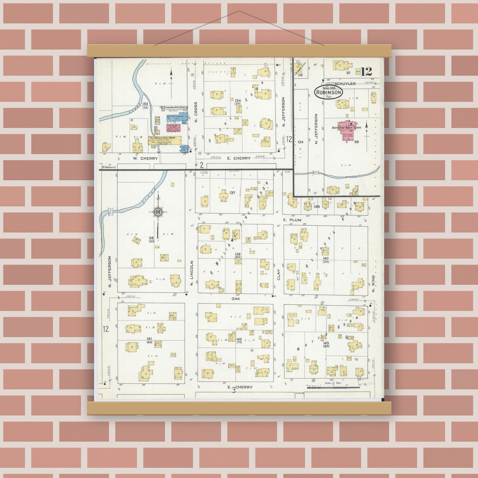 Old map wall art mockup — magnetic wood frame on brick wall — Sanborn Fire Insurance Map from Robinson, Crawford County, Illinois (1916), Sheet #0012