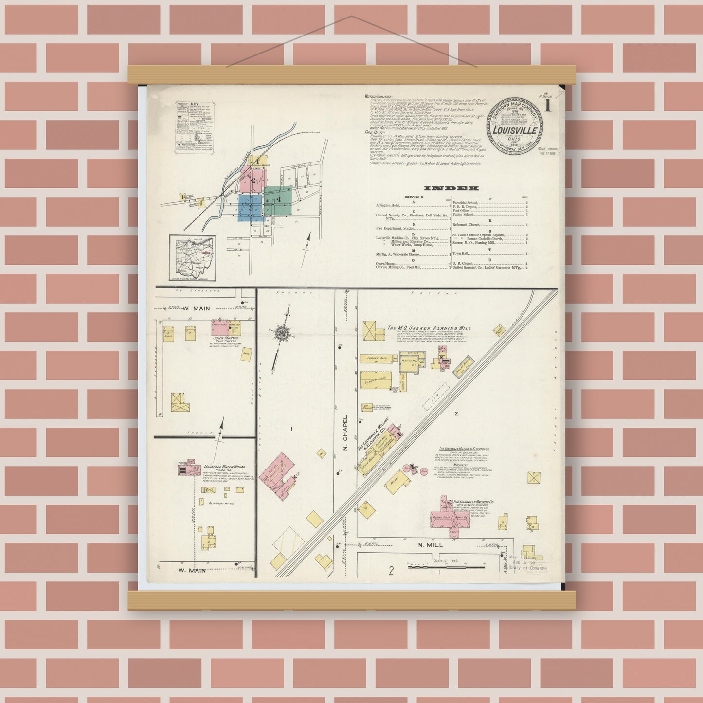 Old map wall art mockup — magnetic wood frame on brick wall — Sanborn Fire Insurance Map from Louisville, Stark County, Ohio (1915), Sheet #0001