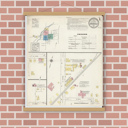 Old map wall art mockup — magnetic wood frame on brick wall — Sanborn Fire Insurance Map from Louisville, Stark County, Ohio (1915), Sheet #0001