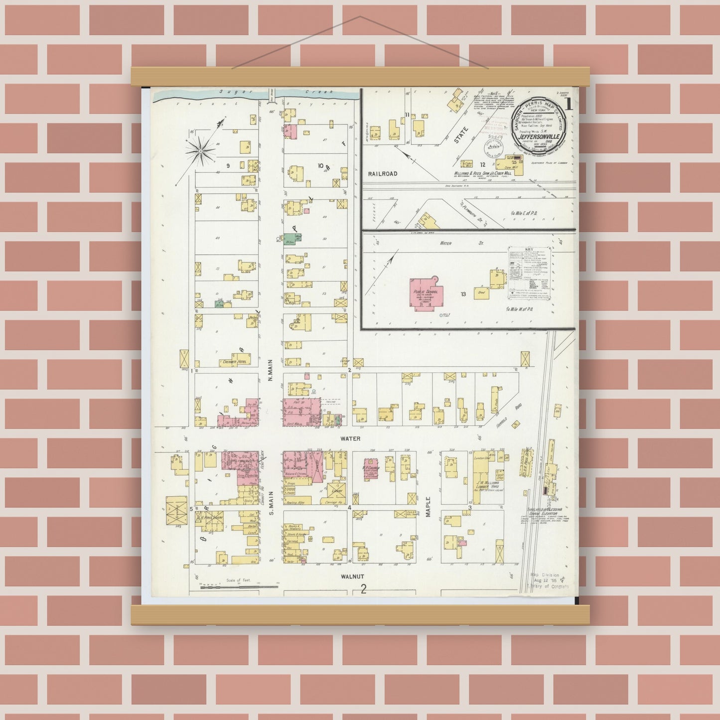 Old map wall art mockup — magnetic wood frame on brick wall — Sanborn Fire Insurance Map from Jeffersonville, Fayette County, Ohio (1899), Sheet #0001