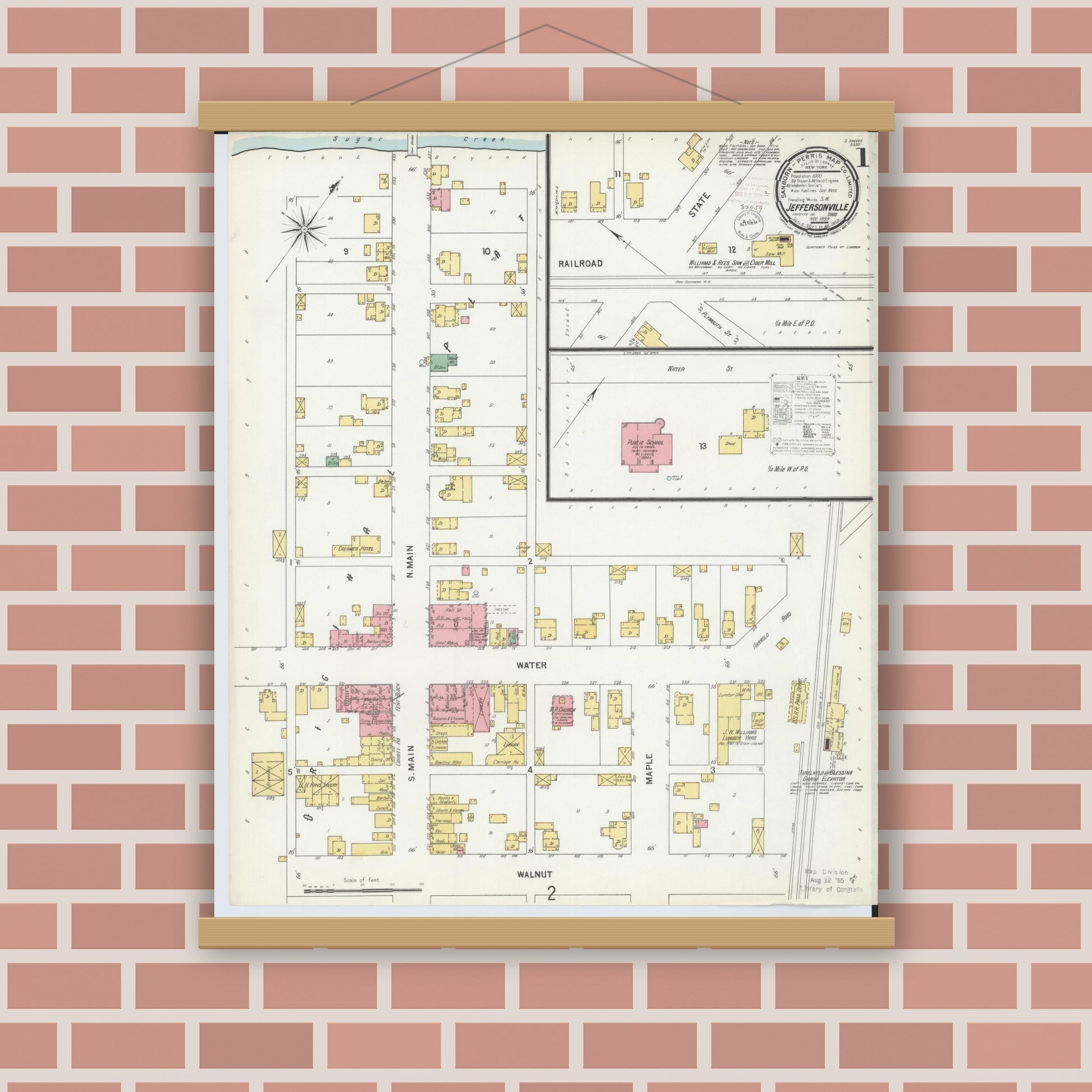 Old map wall art mockup — magnetic wood frame on brick wall — Sanborn Fire Insurance Map from Jeffersonville, Fayette County, Ohio (1899), Sheet #0001