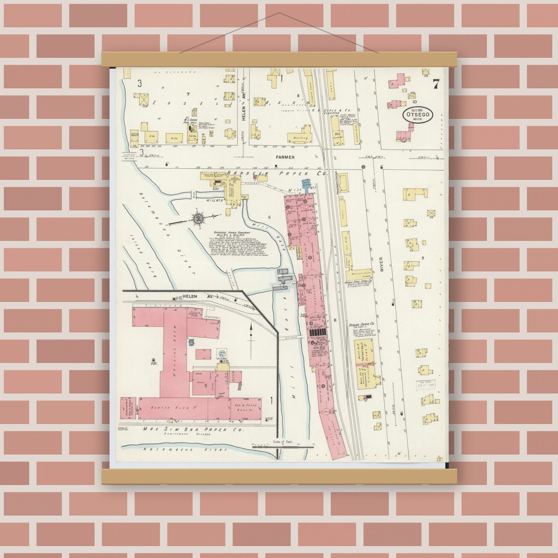 Old map wall art mockup — magnetic wood frame on brick wall — Sanborn Fire Insurance Map from Otsego, Allegan County, Michigan (1911), Sheet #0007