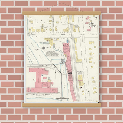 Old map wall art mockup — magnetic wood frame on brick wall — Sanborn Fire Insurance Map from Otsego, Allegan County, Michigan (1911), Sheet #0007