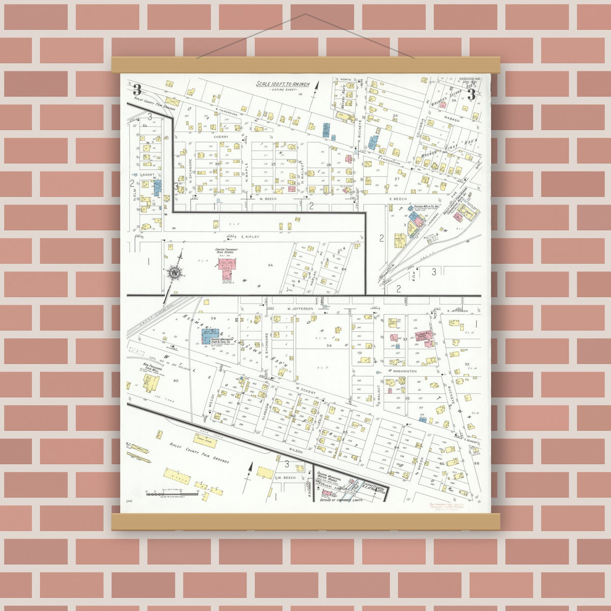 Old map wall art mockup — magnetic wood frame on brick wall — Sanborn Fire Insurance Map from Osgood, Ripley County, Indiana (1941), Sheet #0003