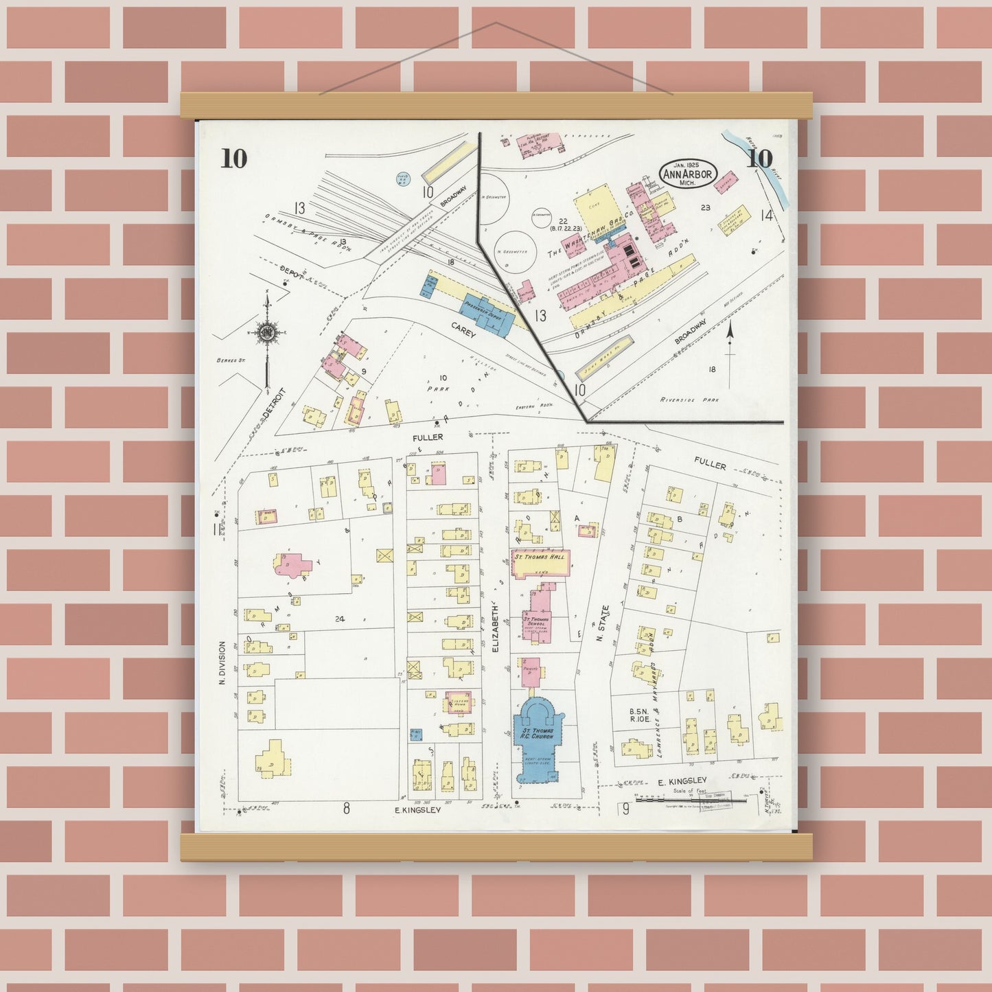 Old map wall art mockup — magnetic wood frame on brick wall — Sanborn Fire Insurance Map from Ann Arbor, Washtenaw County, Michigan (1925), Sheet #0010