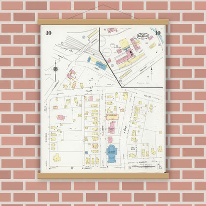 Old map wall art mockup — magnetic wood frame on brick wall — Sanborn Fire Insurance Map from Ann Arbor, Washtenaw County, Michigan (1925), Sheet #0010