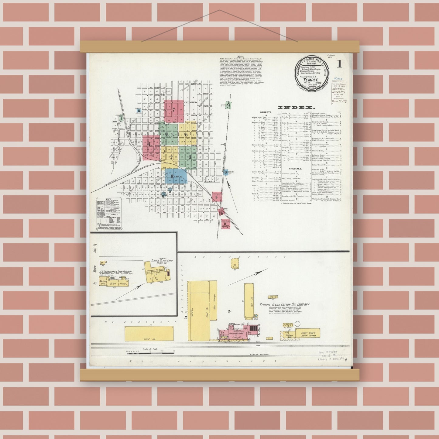 Old map wall art mockup — magnetic wood frame on brick wall — Sanborn Fire Insurance Map from Temple, Bell County, Texas (1900) - Complete Map Set