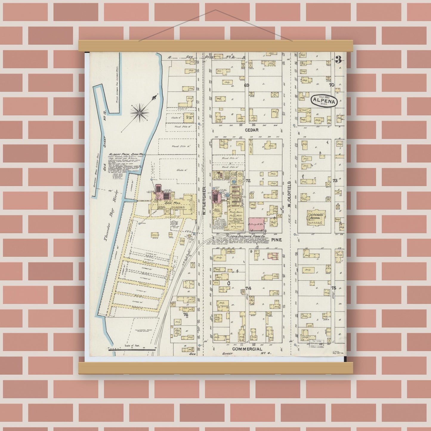 Old map wall art mockup — magnetic wood frame on brick wall — Sanborn Fire Insurance Map from Alpena, Alpena County, Michigan (1890), Sheet #0003