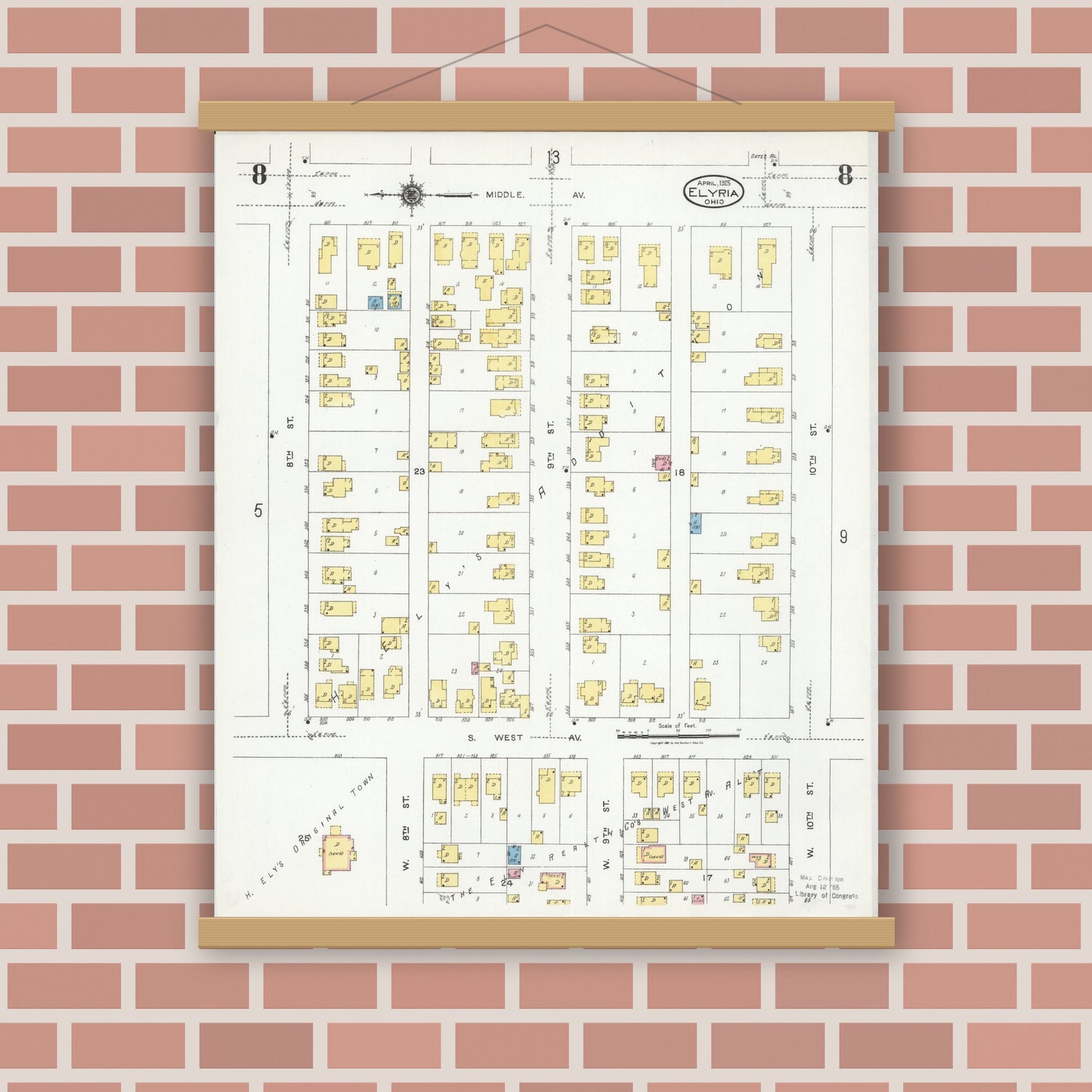 Old map wall art mockup — magnetic wood frame on brick wall — Sanborn Fire Insurance Map from Elyria, Lorain County, Ohio (1925), Sheet #0008