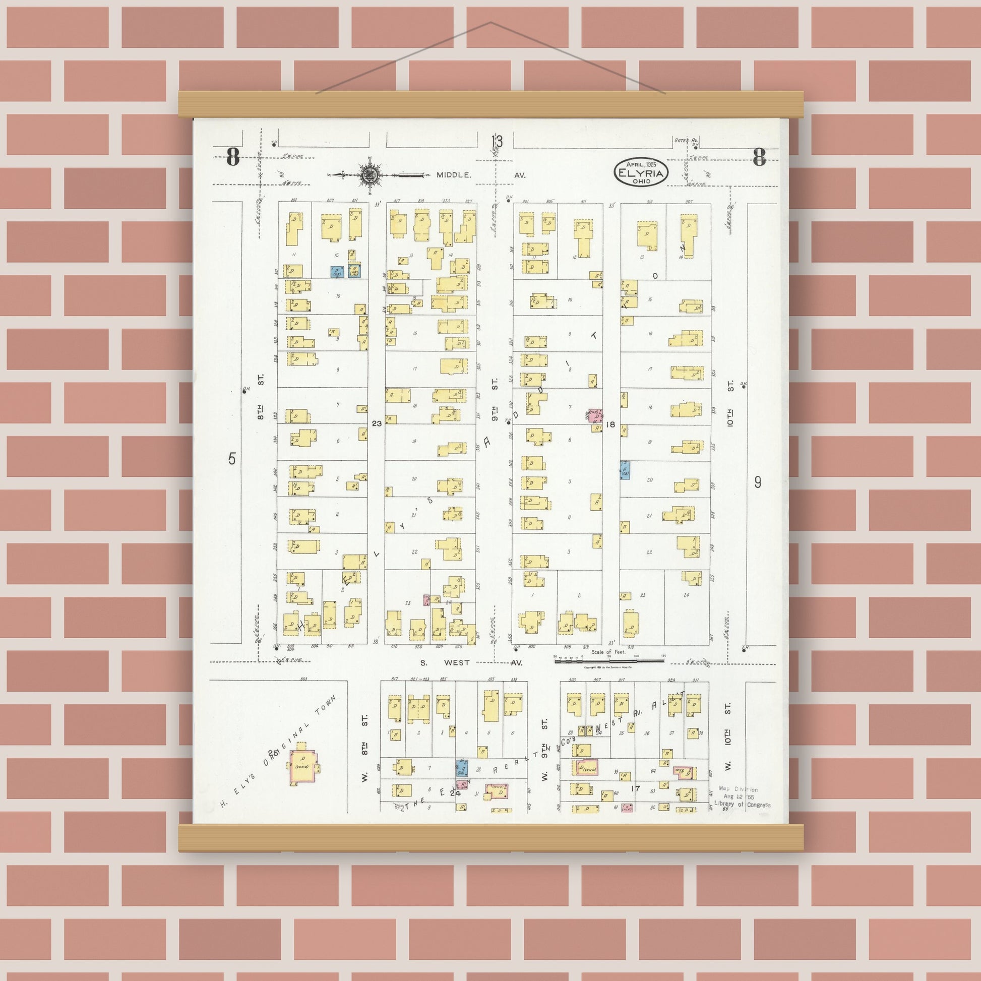 Old map wall art mockup — magnetic wood frame on brick wall — Sanborn Fire Insurance Map from Elyria, Lorain County, Ohio (1925), Sheet #0008