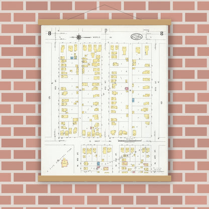 Old map wall art mockup — magnetic wood frame on brick wall — Sanborn Fire Insurance Map from Elyria, Lorain County, Ohio (1925), Sheet #0008