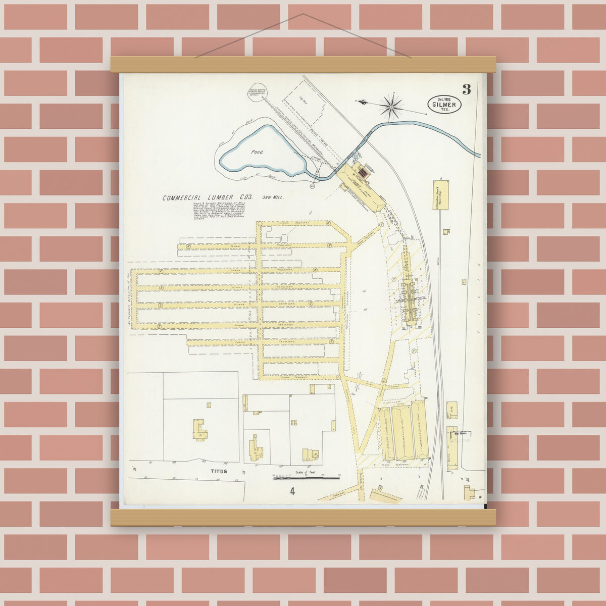 Old map wall art mockup — magnetic wood frame on brick wall — Sanborn Fire Insurance Map from Gilmer, Upshur County, Texas (1902), Sheet #0003