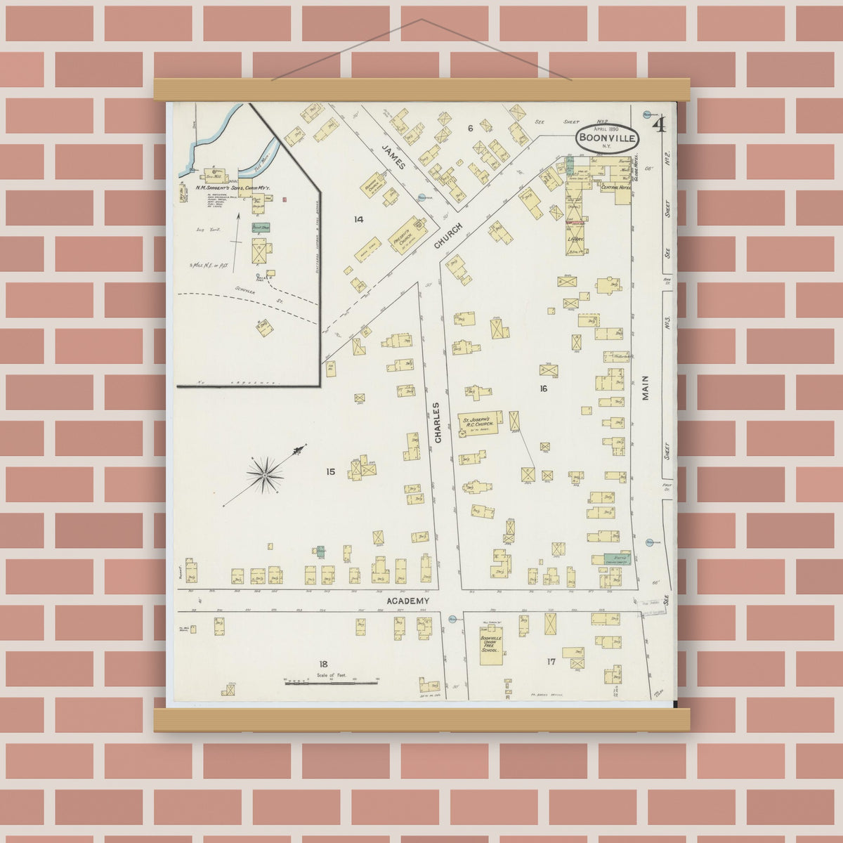Old map wall art mockup — magnetic wood frame on brick wall — Sanborn Fire Insurance Map from Boonville, Oneida County, New York (1890), Sheet #0004