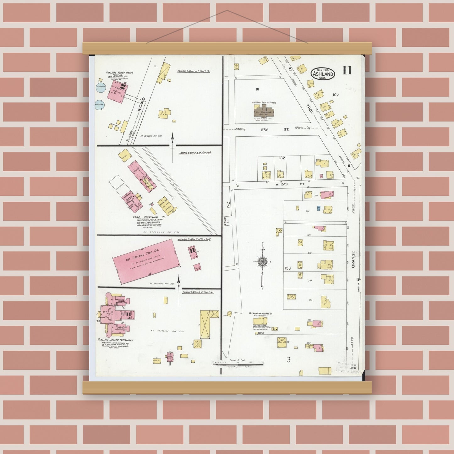 Old map wall art mockup — magnetic wood frame on brick wall — Sanborn Fire Insurance Map from Ashland, Ashland County, Ohio (1919), Sheet #0011