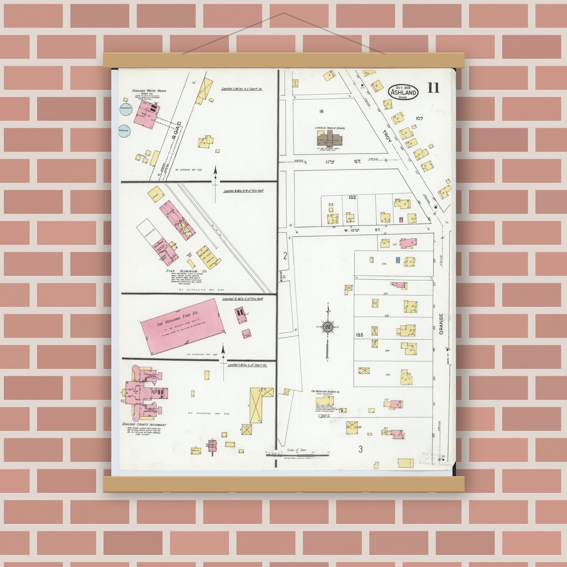 Old map wall art mockup — magnetic wood frame on brick wall — Sanborn Fire Insurance Map from Ashland, Ashland County, Ohio (1919), Sheet #0011