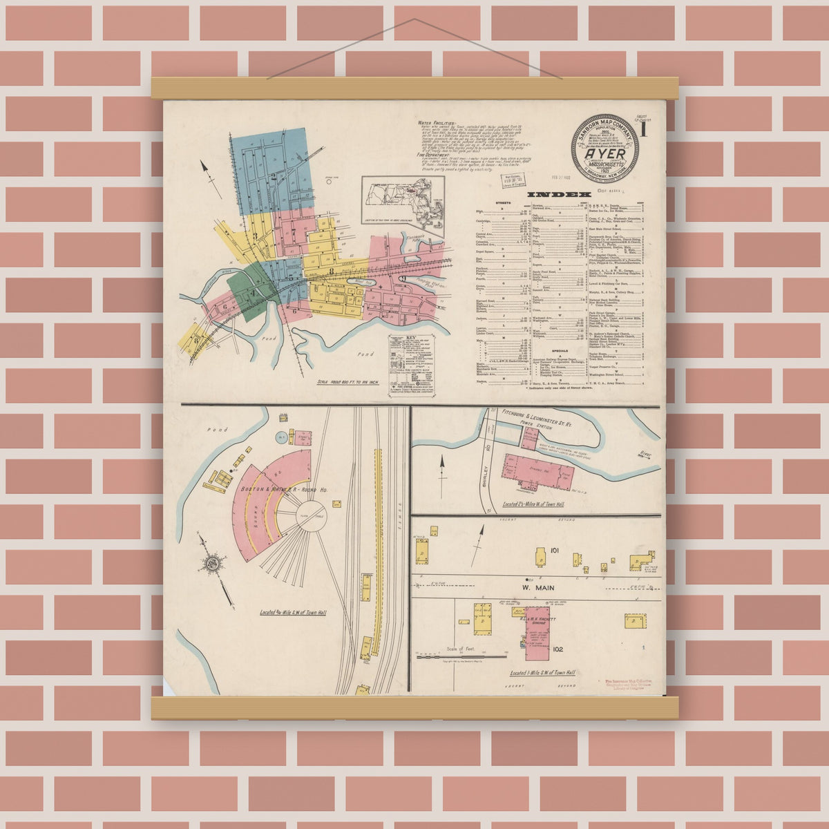 Old map wall art mockup — magnetic wood frame on brick wall — Sanborn Fire Insurance Map from Ayer, Middlesex County, Massachusetts (1921) - Complete Map Set