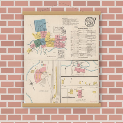 Old map wall art mockup — magnetic wood frame on brick wall — Sanborn Fire Insurance Map from Ayer, Middlesex County, Massachusetts (1921) - Complete Map Set