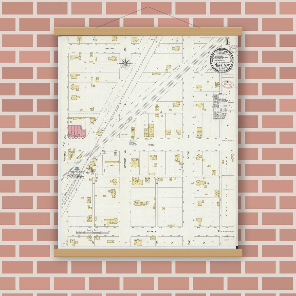 Old map wall art mockup — magnetic wood frame on brick wall — Sanborn Fire Insurance Map from Brockton, Edgar County, Illinois (1899) - Complete Map Set