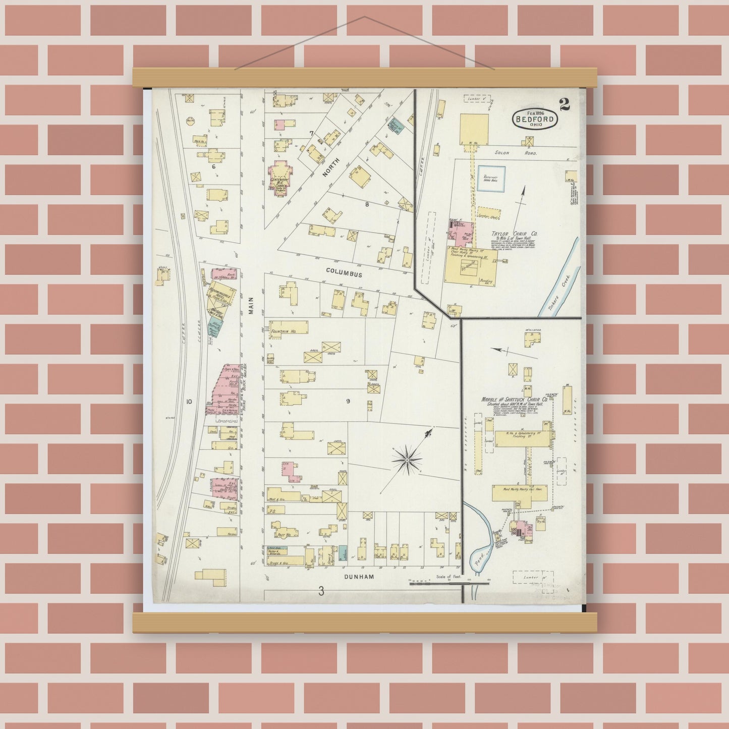Old map wall art mockup — magnetic wood frame on brick wall — Sanborn Fire Insurance Map from Bedford, Cuyahoga County, Ohio (1896), Sheet #0002