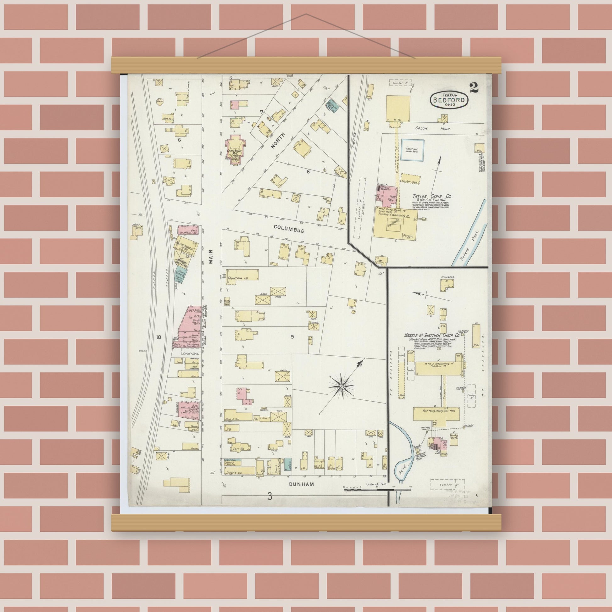 Old map wall art mockup — magnetic wood frame on brick wall — Sanborn Fire Insurance Map from Bedford, Cuyahoga County, Ohio (1896), Sheet #0002